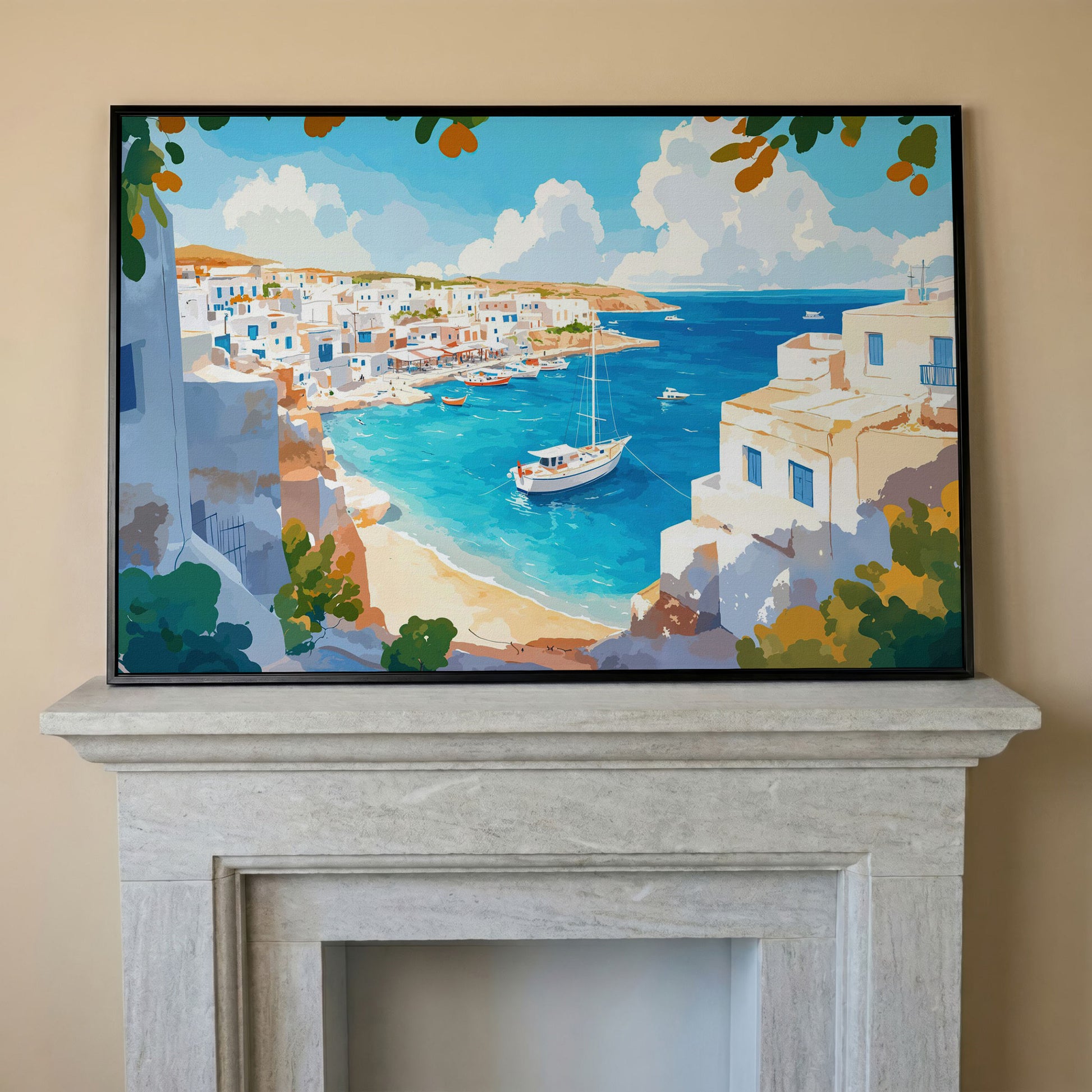 Greek Coastal Village with Mediterranean Seascape Canvas in black floating frame