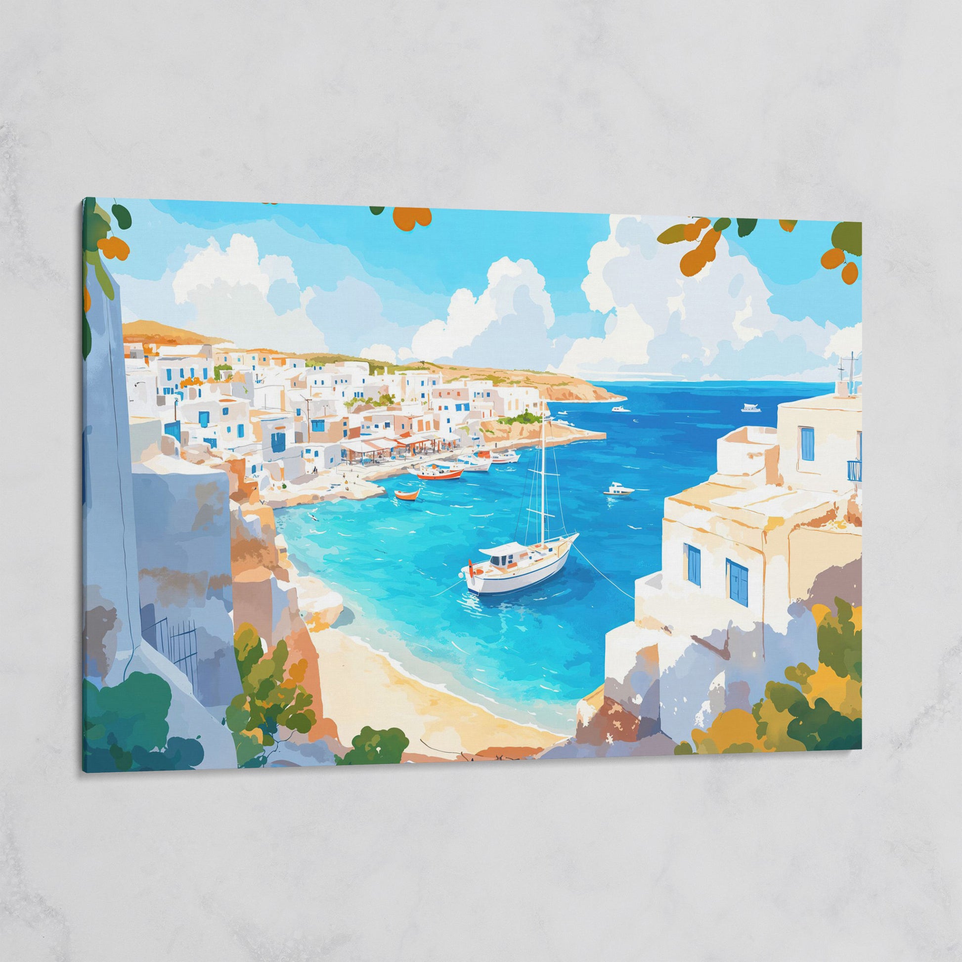 Greek Coastal Village with Mediterranean Seascape Canvas on gallery wrap
