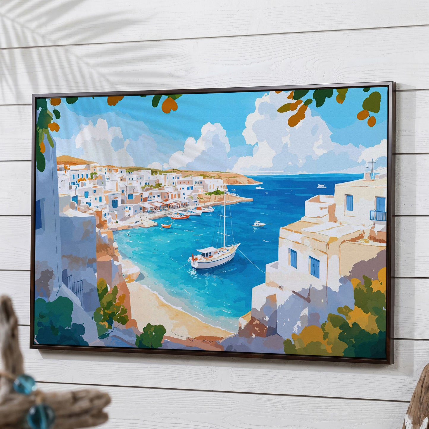 Greek Coastal Village with Mediterranean Seascape Canvas in dark walnut floating frame