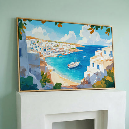 Greek Coastal Village with Mediterranean Seascape Canvas in white oak floating frame