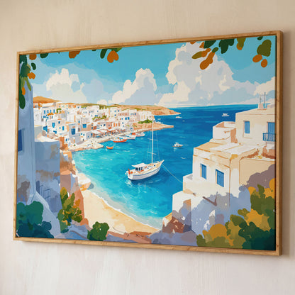 Greek Coastal Village with Mediterranean Seascape Canvas shown in white oak floating frame