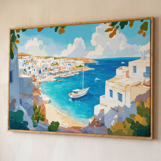 Greek Coastal Village with Mediterranean Seascape Canvas shown in white oak floating frame