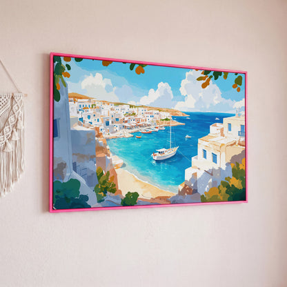 Greek Coastal Village with Mediterranean Seascape Canvas in pink floating frame