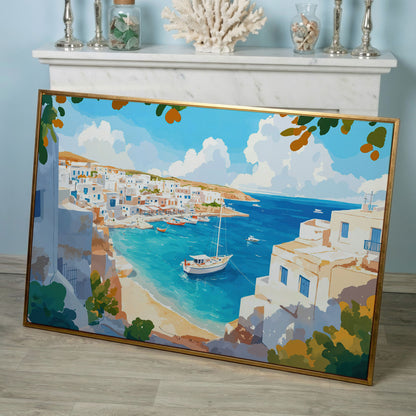 Greek Coastal Village with Mediterranean Seascape Canvas in rose gold floating frame