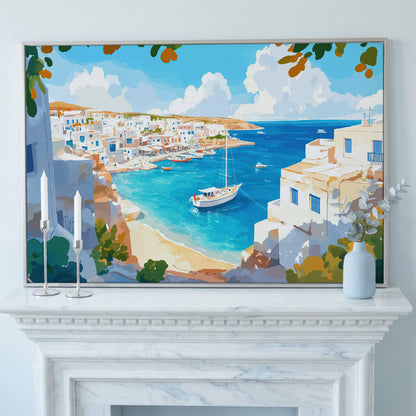 Greek Coastal Village with Mediterranean Seascape Canvas in silver floating frame