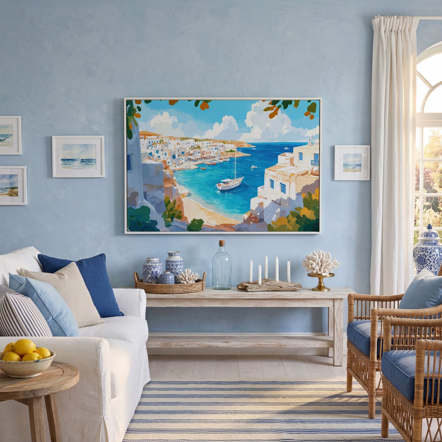 Greek Coastal Village with Mediterranean Seascape Canvas in white floating frame