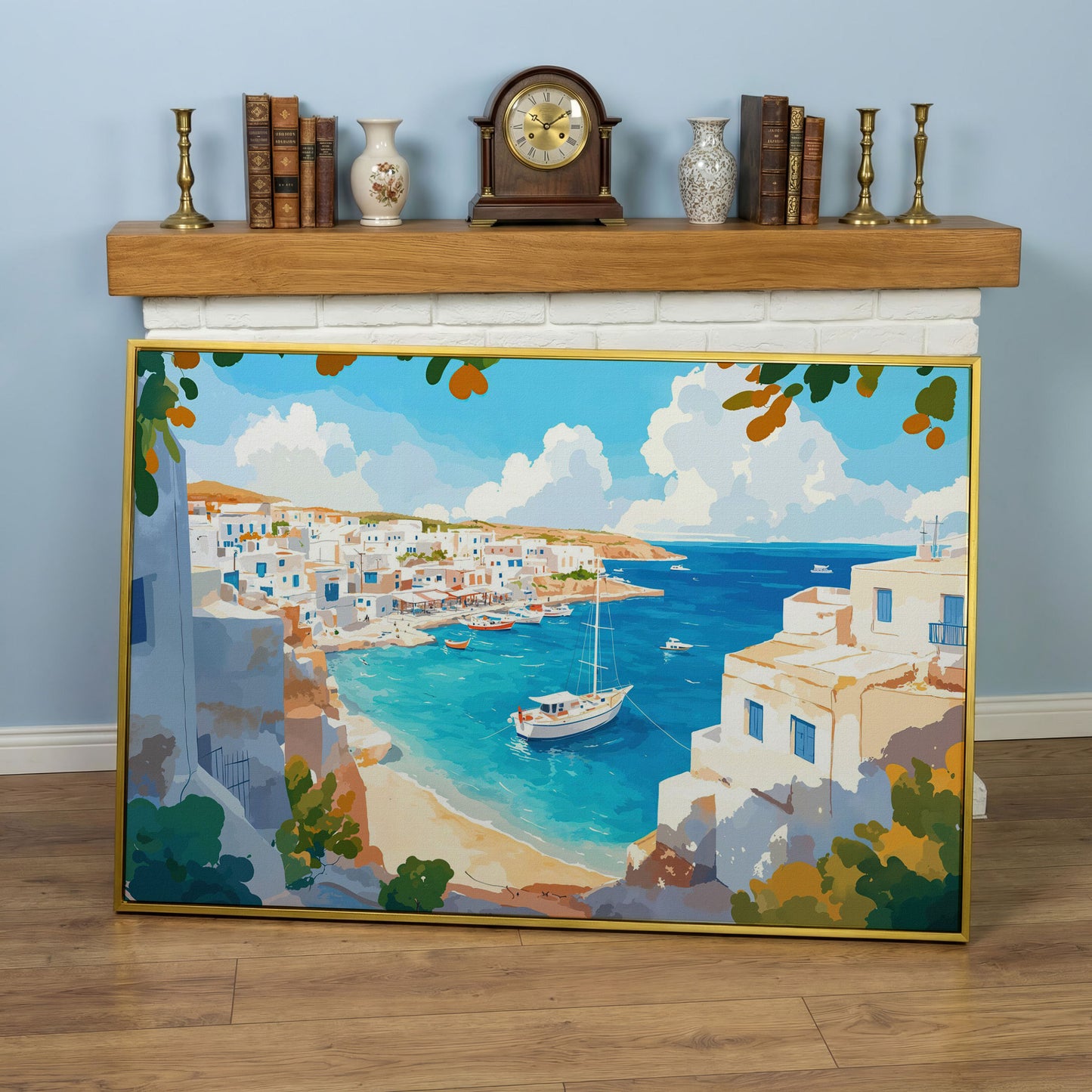 Greek Coastal Village with Mediterranean Seascape Canvas in yellow gold floating frame