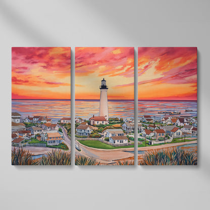 Lighthouse at Sunset, Coastal Village Canvas Wall Art as 3-panel split version