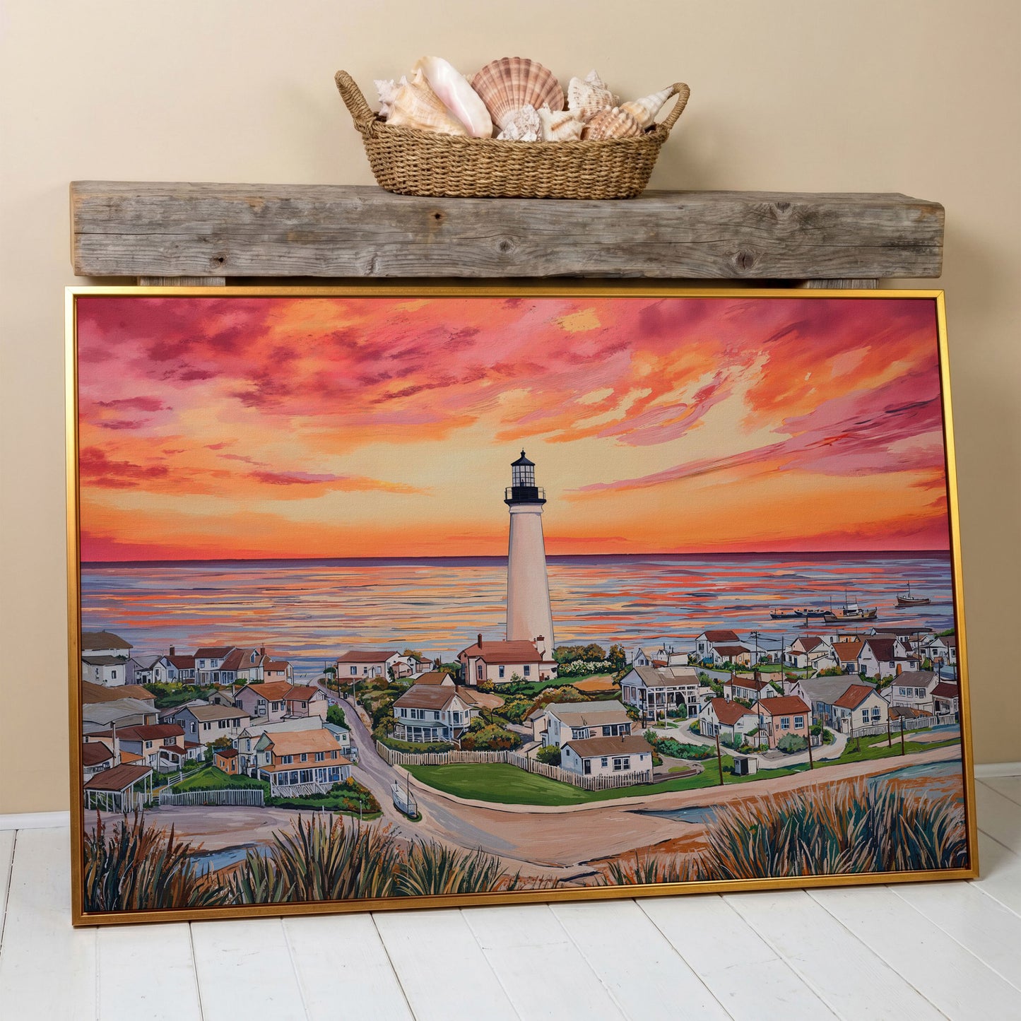 Lighthouse at Sunset, Coastal Village Canvas Wall Art in antique gold floating frame