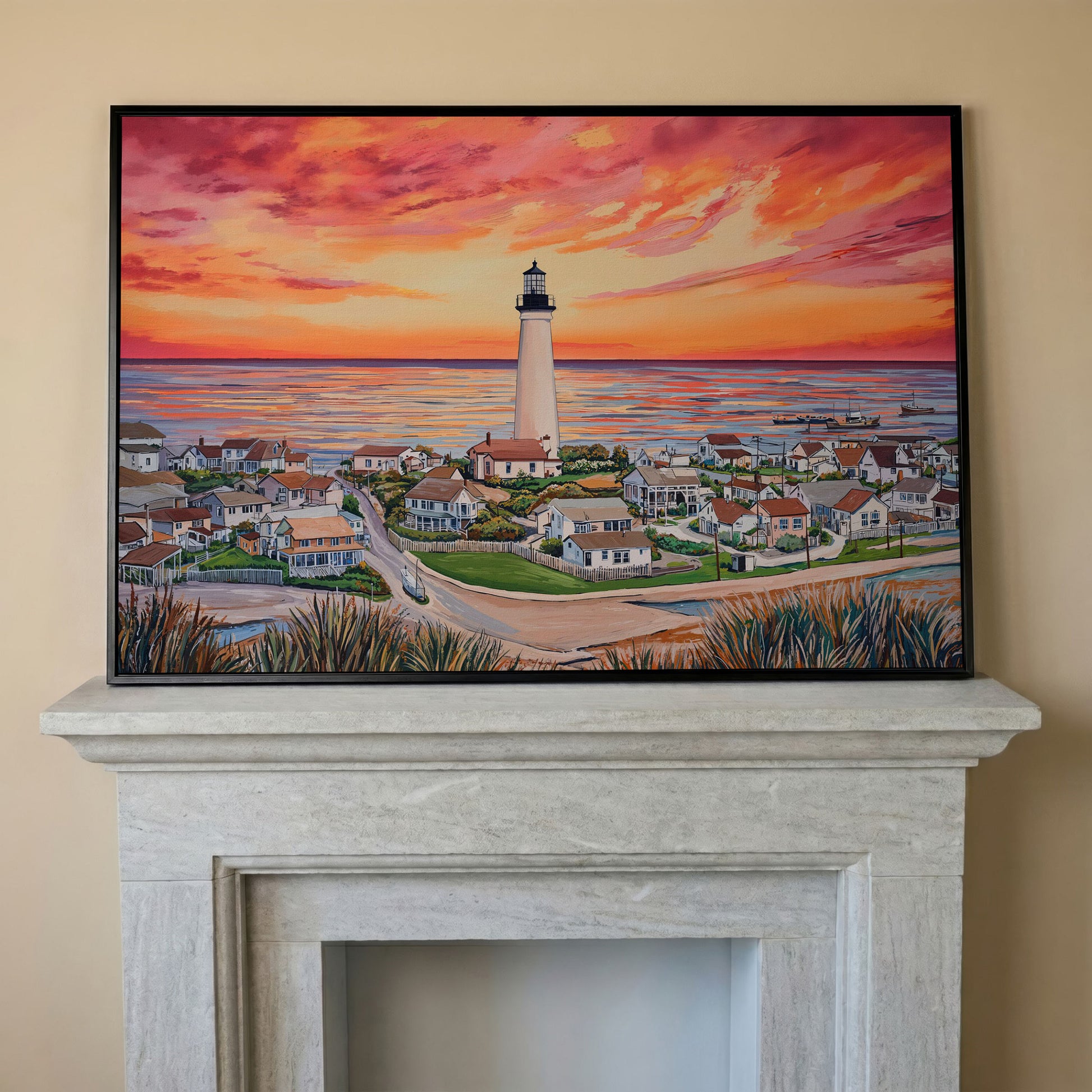 Lighthouse at Sunset, Coastal Village Canvas Wall Art in black floating frame