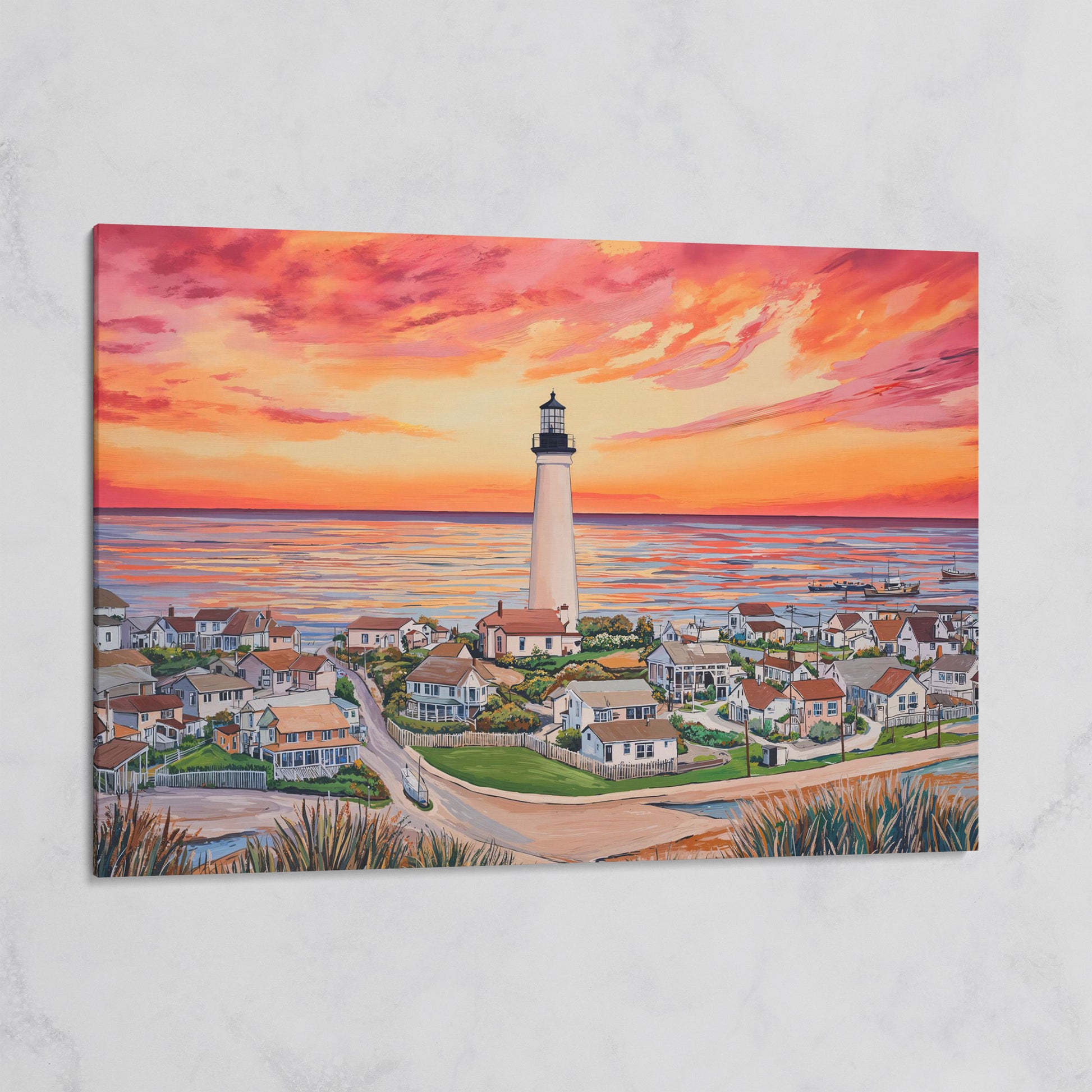 Lighthouse at Sunset, Coastal Village Canvas Wall Art on gallery wrap