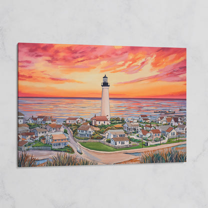 Lighthouse at Sunset, Coastal Village Canvas Wall Art on gallery wrap