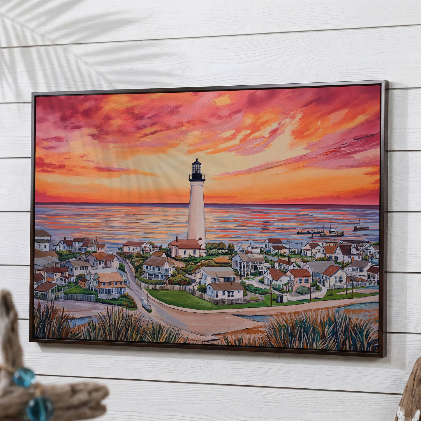 Lighthouse at Sunset, Coastal Village Canvas Wall Art in dark walnut floating frame