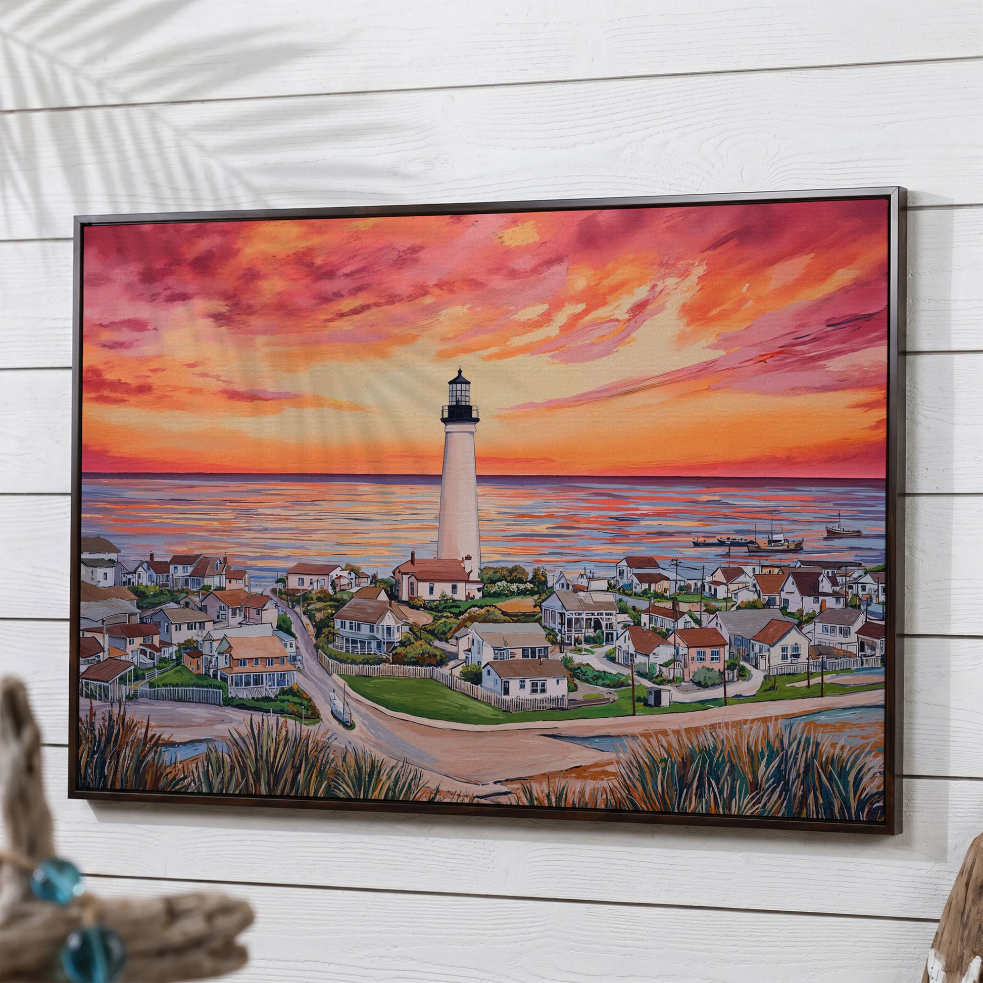Lighthouse at Sunset, Coastal Village Canvas Wall Art in dark walnut floating frame