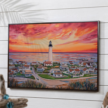 Lighthouse at Sunset, Coastal Village Canvas Wall Art in dark walnut floating frame