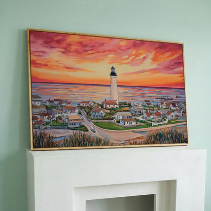 Lighthouse at Sunset, Coastal Village Canvas Wall Art in white oak floating frame