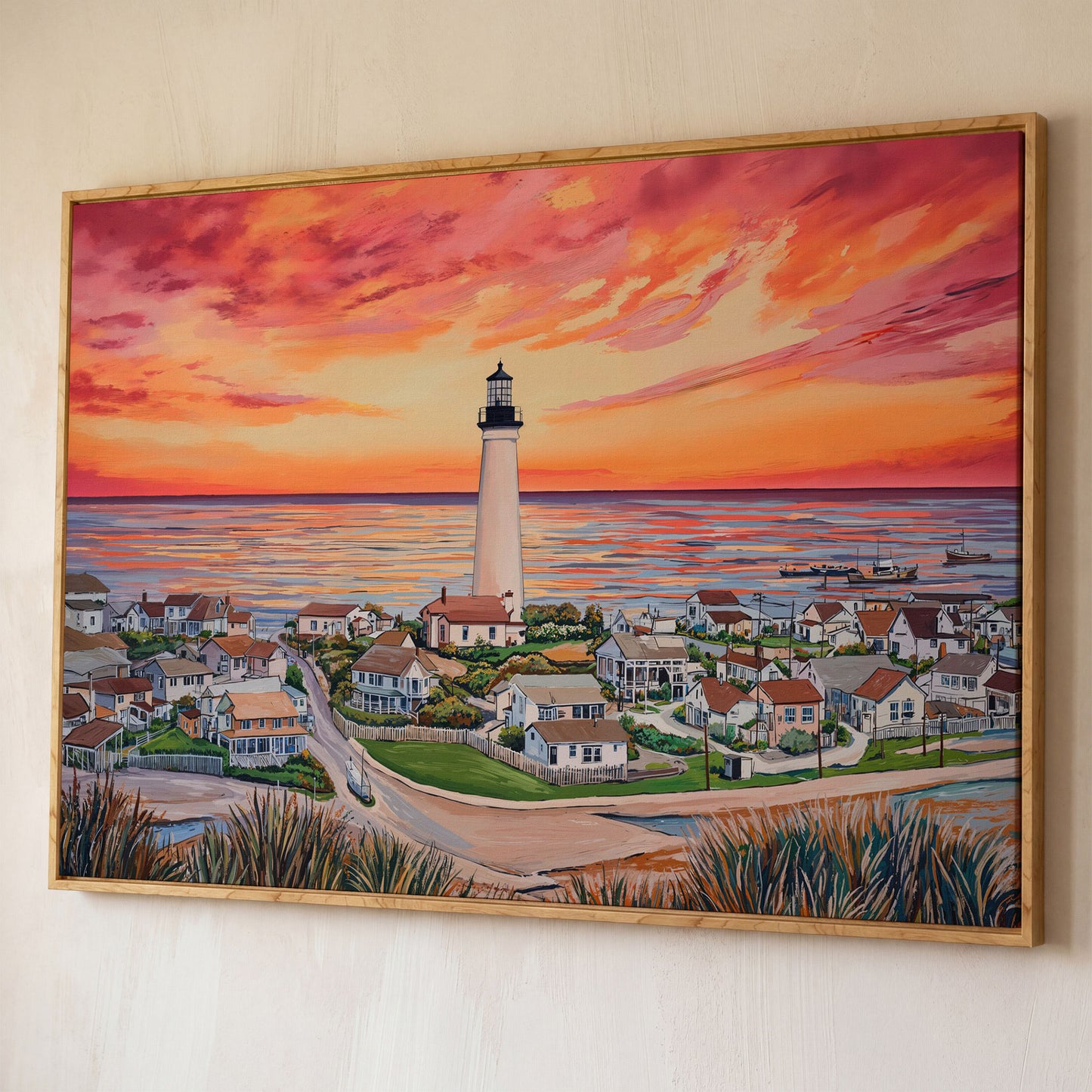 Lighthouse at Sunset, Coastal Village Canvas Wall Art shown in white oak floating frame