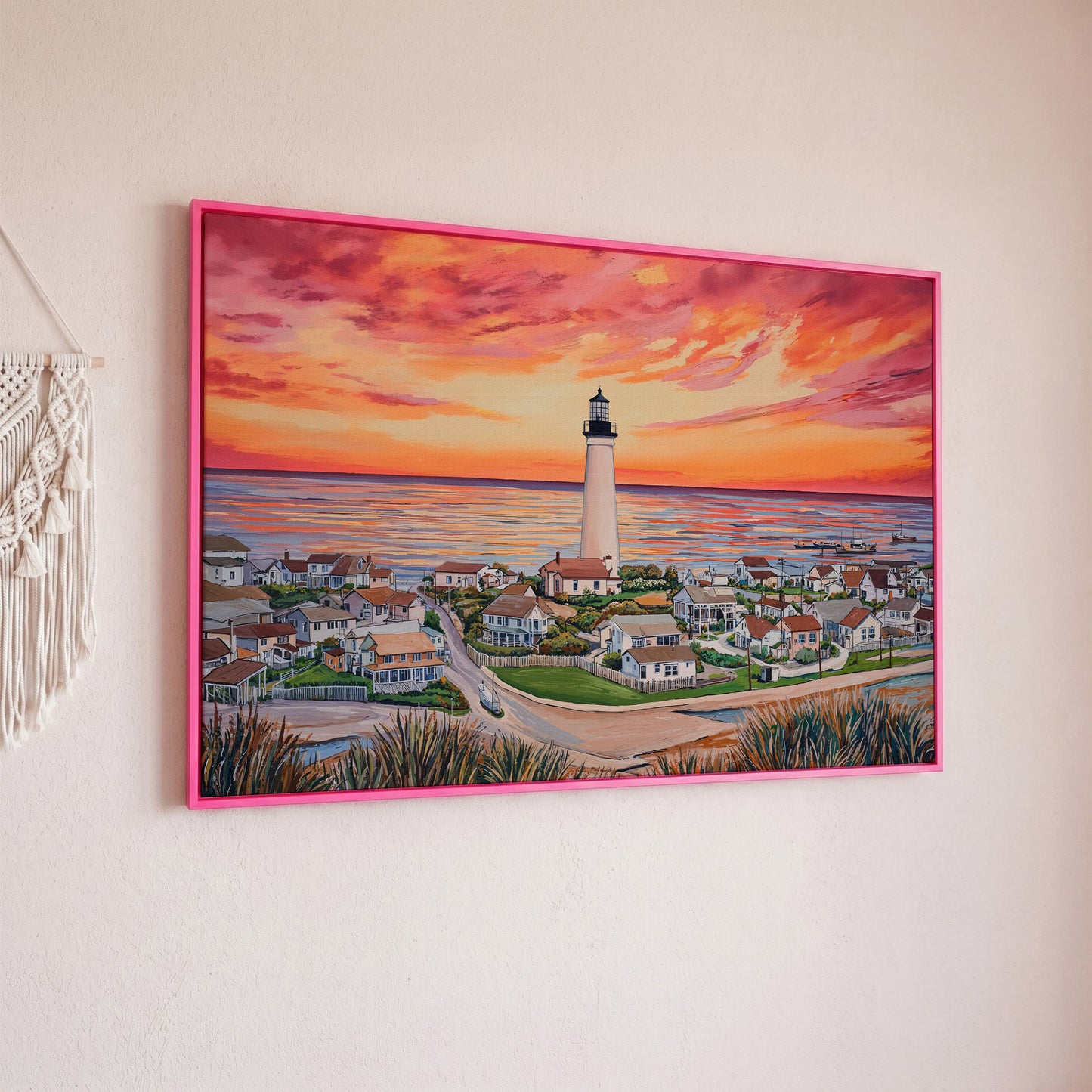 Lighthouse at Sunset, Coastal Village Canvas Wall Art in pink floating frame