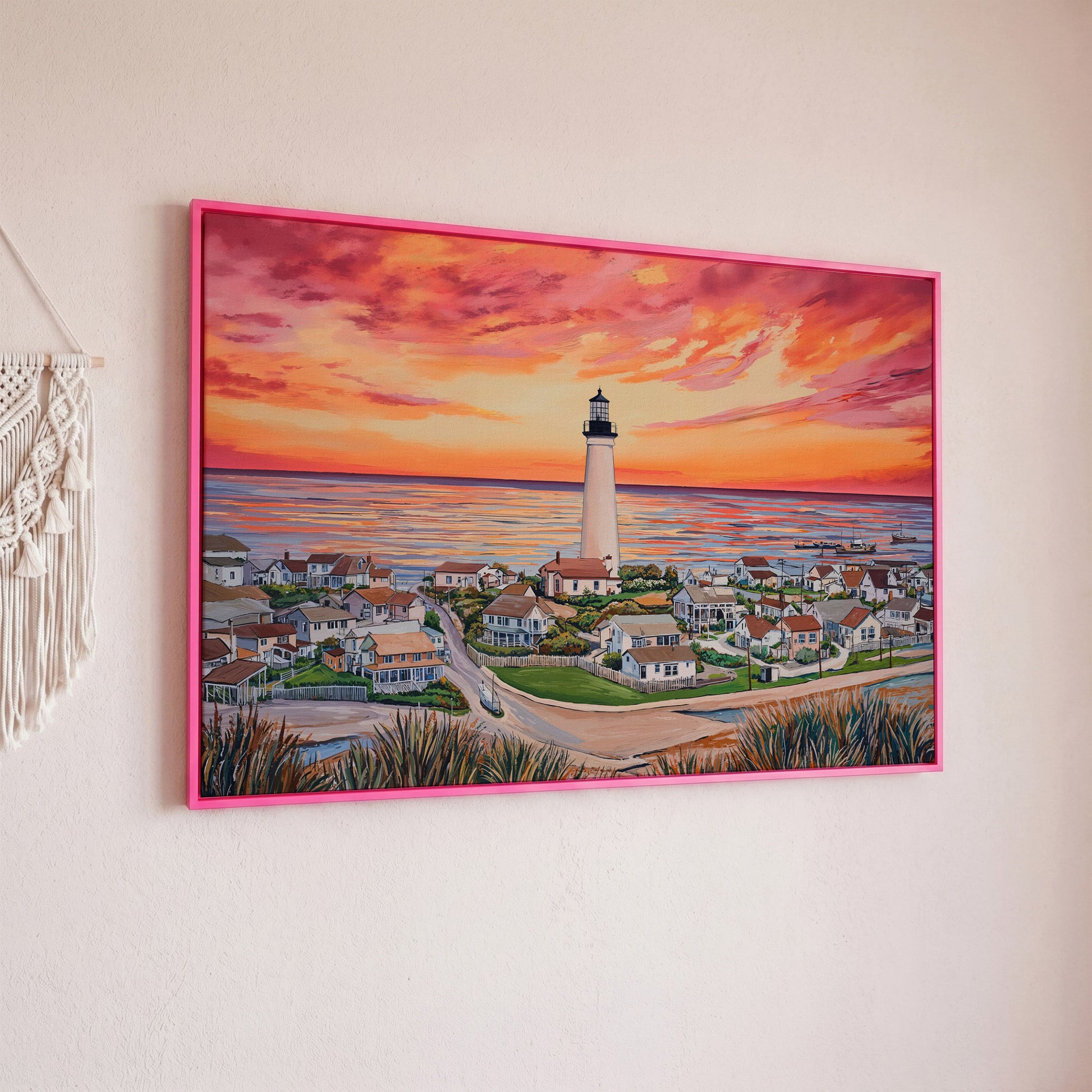 Lighthouse at Sunset, Coastal Village Canvas Wall Art in pink floating frame