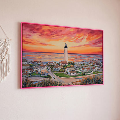 Lighthouse at Sunset, Coastal Village Canvas Wall Art in pink floating frame