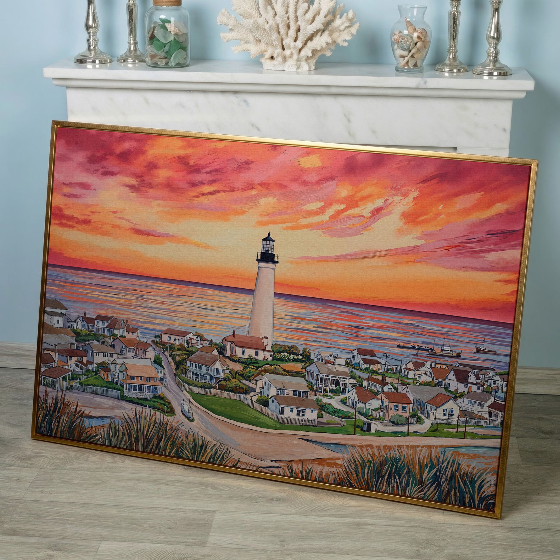 Lighthouse at Sunset, Coastal Village Canvas Wall Art in rose gold floating frame