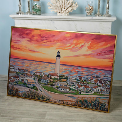 Lighthouse at Sunset, Coastal Village Canvas Wall Art in rose gold floating frame