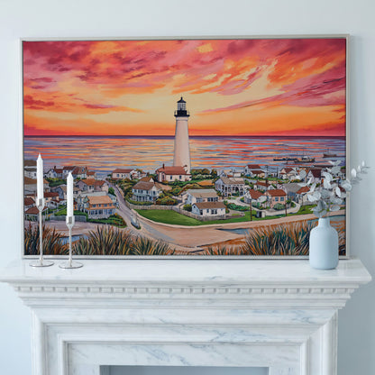 Lighthouse at Sunset, Coastal Village Canvas Wall Art in silver floating frame