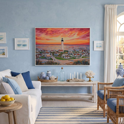 Lighthouse at Sunset, Coastal Village Canvas Wall Art in white floating frame