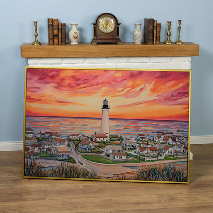 Lighthouse at Sunset, Coastal Village Canvas Wall Art in yellow gold floating frame