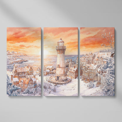 Snowy Coastal Village with Lighthouse at Sunrise Canvas Art as 3-panel split version