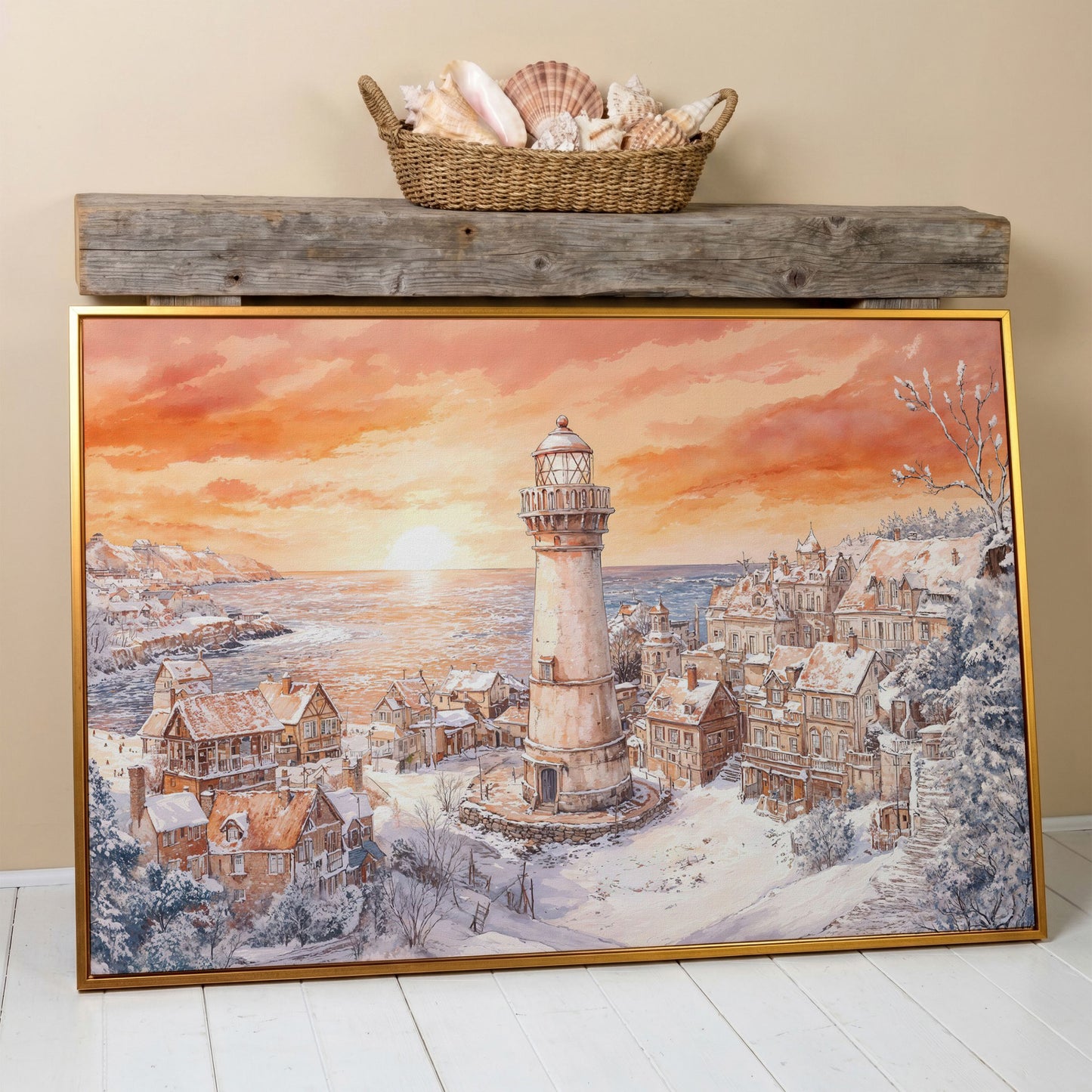 Snowy Coastal Village with Lighthouse at Sunrise Canvas Art in antique gold floating frame