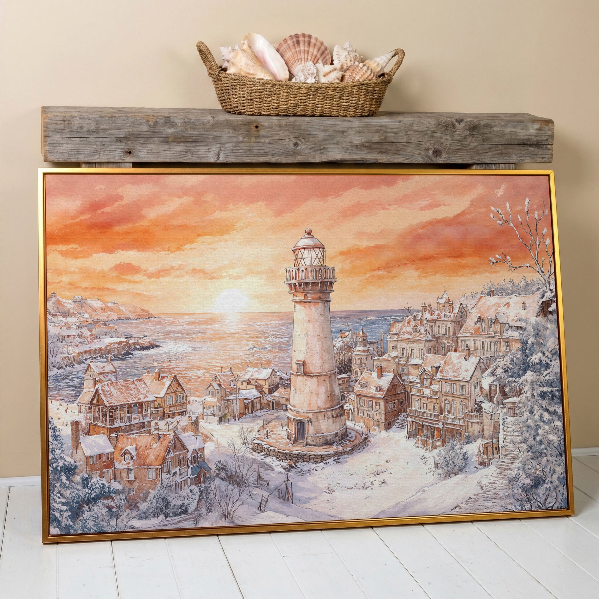 Snowy Coastal Village with Lighthouse at Sunrise Canvas Art in antique gold floating frame