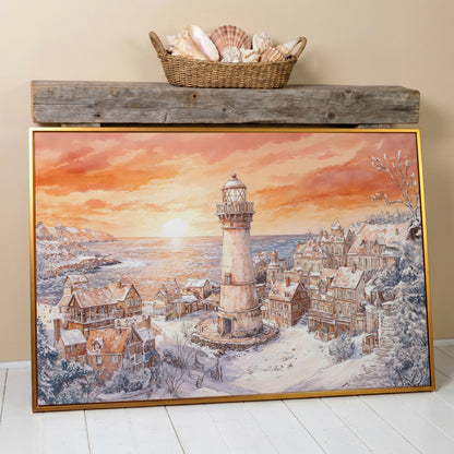 Snowy Coastal Village with Lighthouse at Sunrise Canvas Art in antique gold floating frame