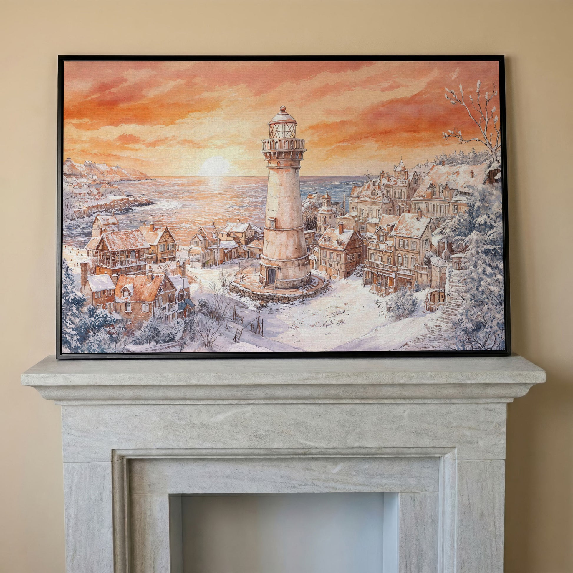 Snowy Coastal Village with Lighthouse at Sunrise Canvas Art in black floating frame
