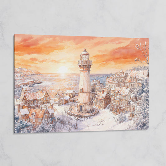 Snowy Coastal Village with Lighthouse at Sunrise Canvas Art on gallery wrap