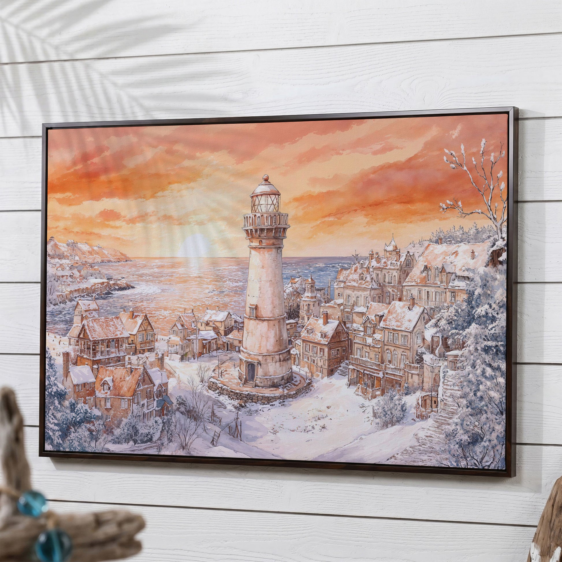 Snowy Coastal Village with Lighthouse at Sunrise Canvas Art in dark walnut floating frame