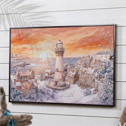 Snowy Coastal Village with Lighthouse at Sunrise Canvas Art in dark walnut floating frame