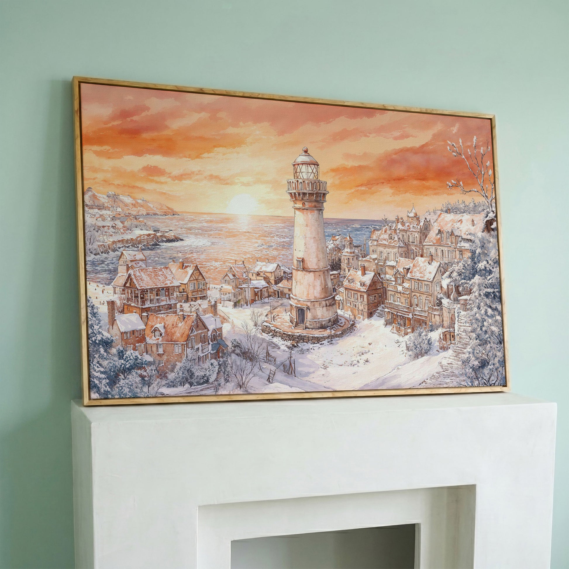 Snowy Coastal Village with Lighthouse at Sunrise Canvas Art in white oak floating frame