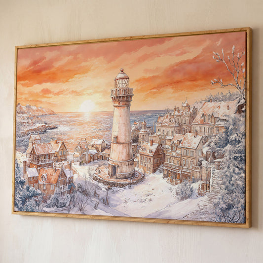 Snowy Coastal Village with Lighthouse at Sunrise Canvas Art shown in white oak floating frame