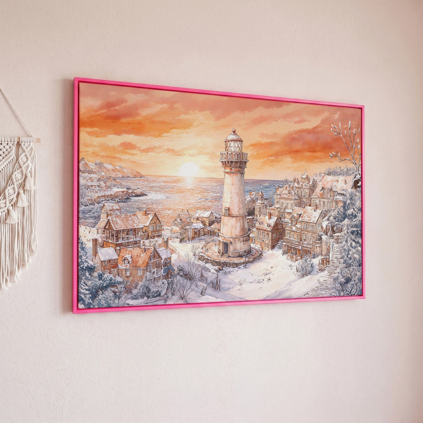 Snowy Coastal Village with Lighthouse at Sunrise Canvas Art in pink floating frame