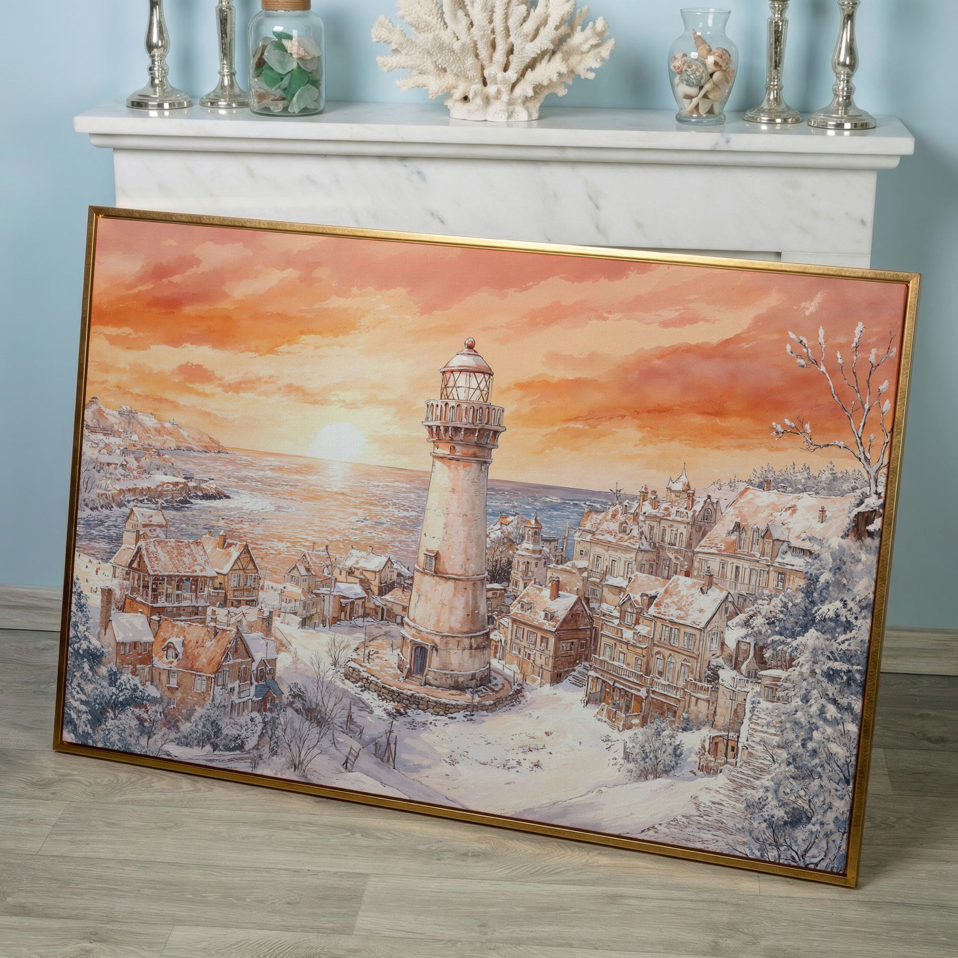 Snowy Coastal Village with Lighthouse at Sunrise Canvas Art in rose gold floating frame