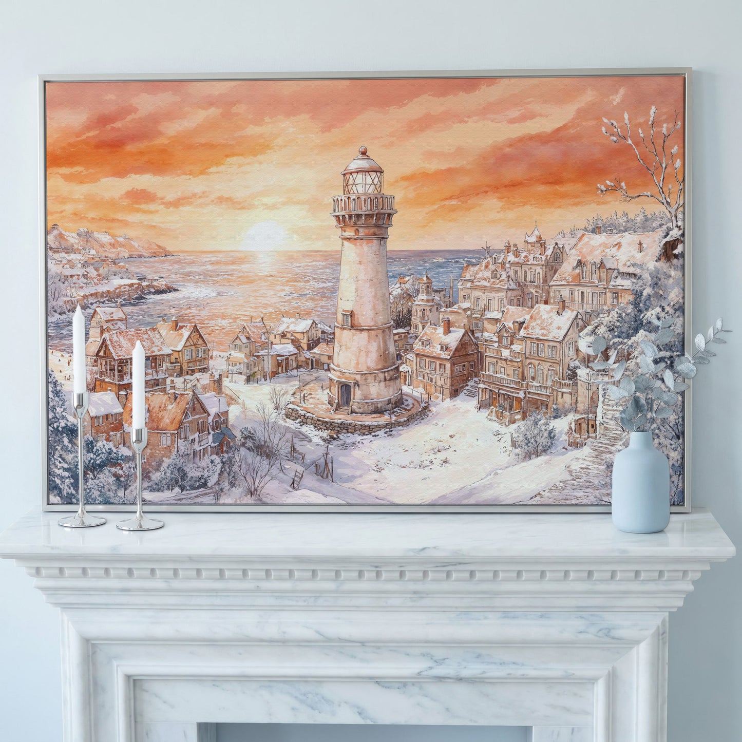Snowy Coastal Village with Lighthouse at Sunrise Canvas Art in silver floating frame