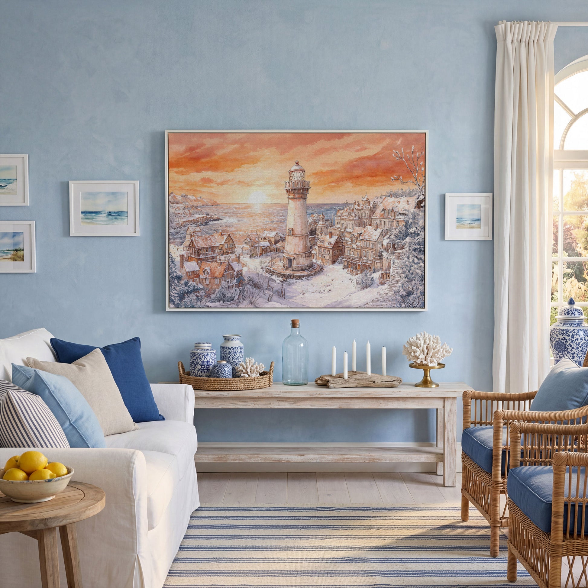 Snowy Coastal Village with Lighthouse at Sunrise Canvas Art in white floating frame
