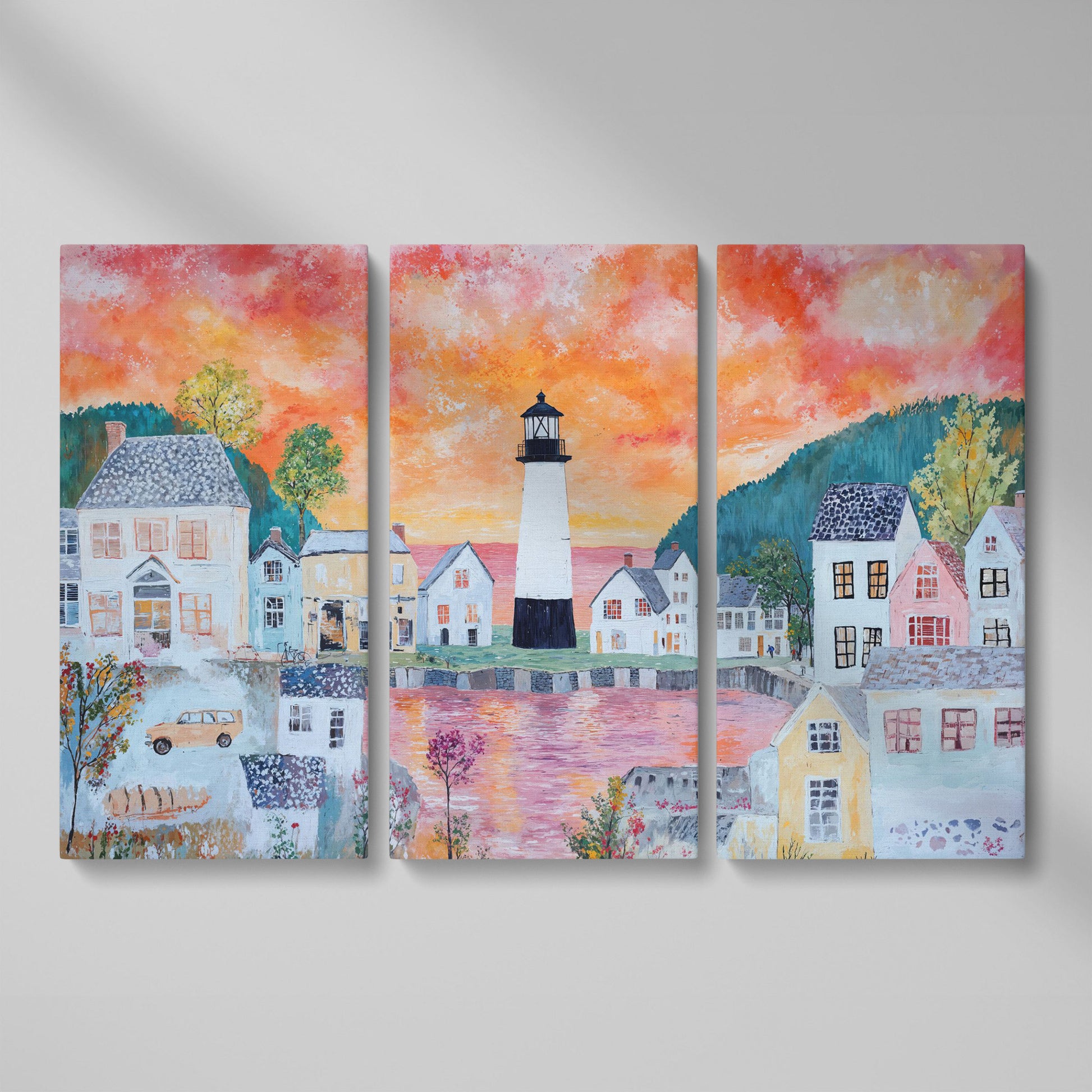 Lighthouse Village at Sunset Canvas Wall Art as 3-panel split version