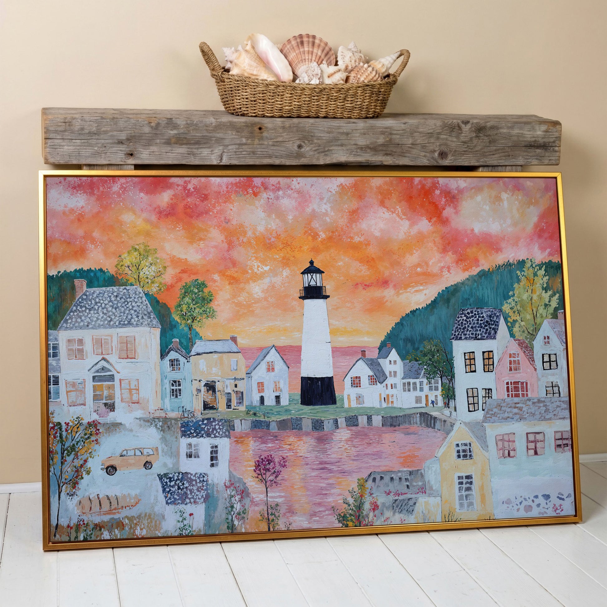 Lighthouse Village at Sunset Canvas Wall Art in antique gold floating frame
