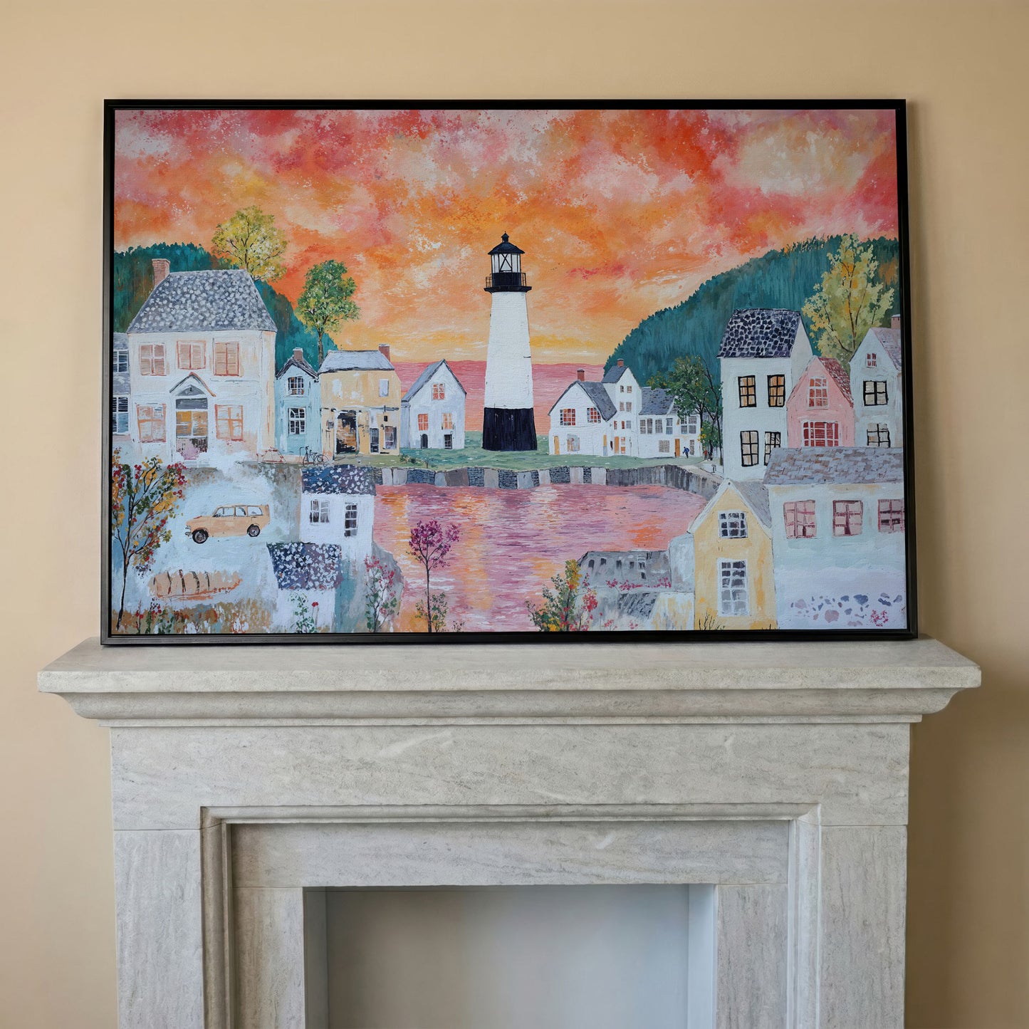 Lighthouse Village at Sunset Canvas Wall Art in black floating frame