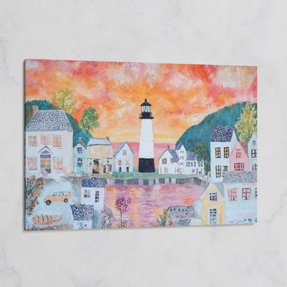 Lighthouse Village at Sunset Canvas Wall Art on gallery wrap