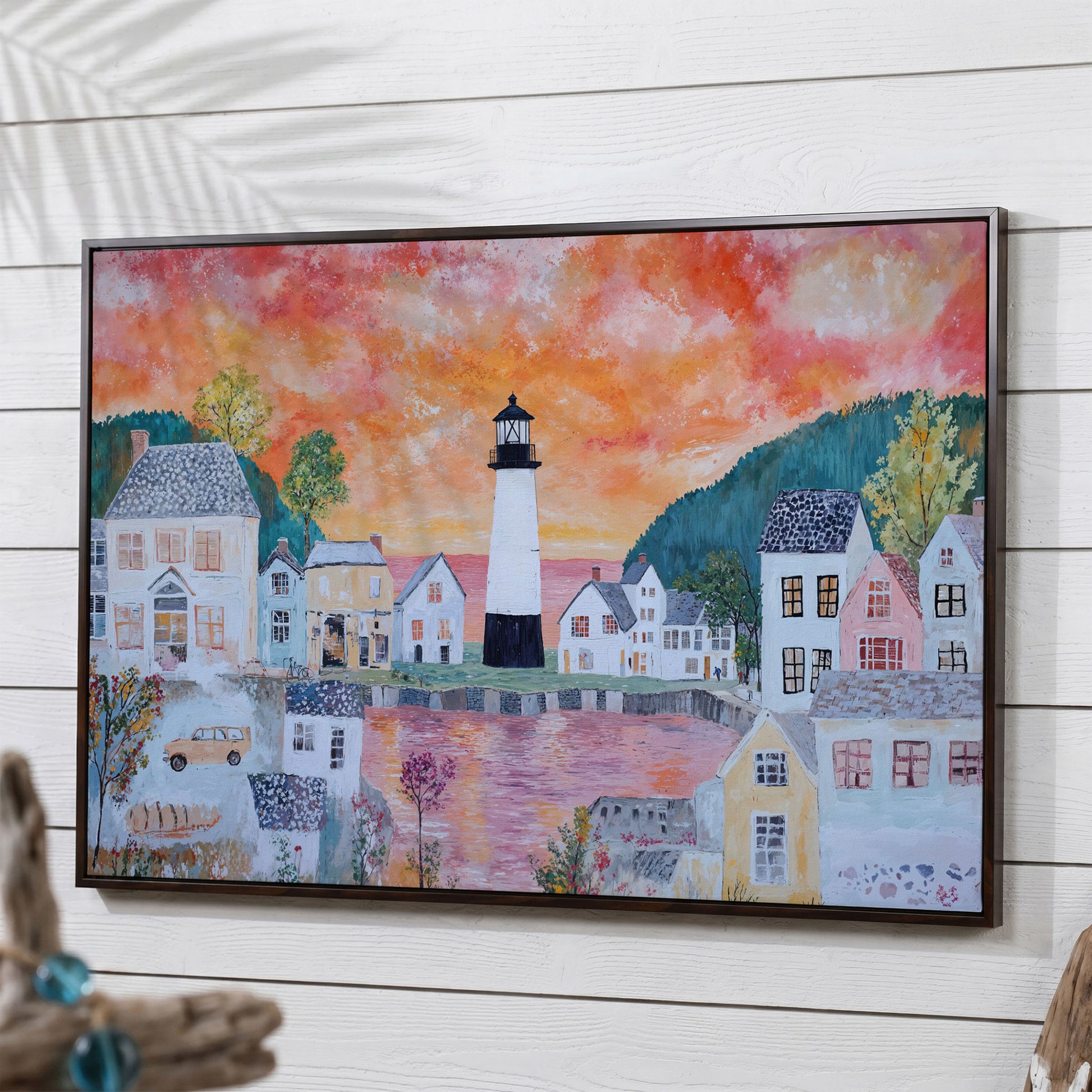 Lighthouse Village at Sunset Canvas Wall Art in dark walnut floating frame