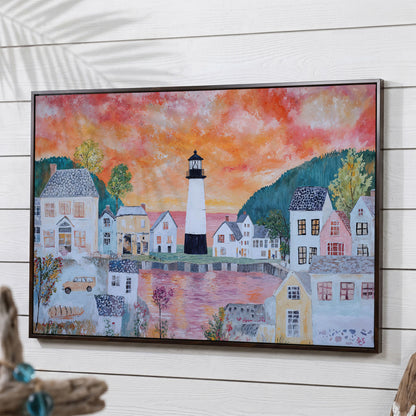 Lighthouse Village at Sunset Canvas Wall Art in dark walnut floating frame