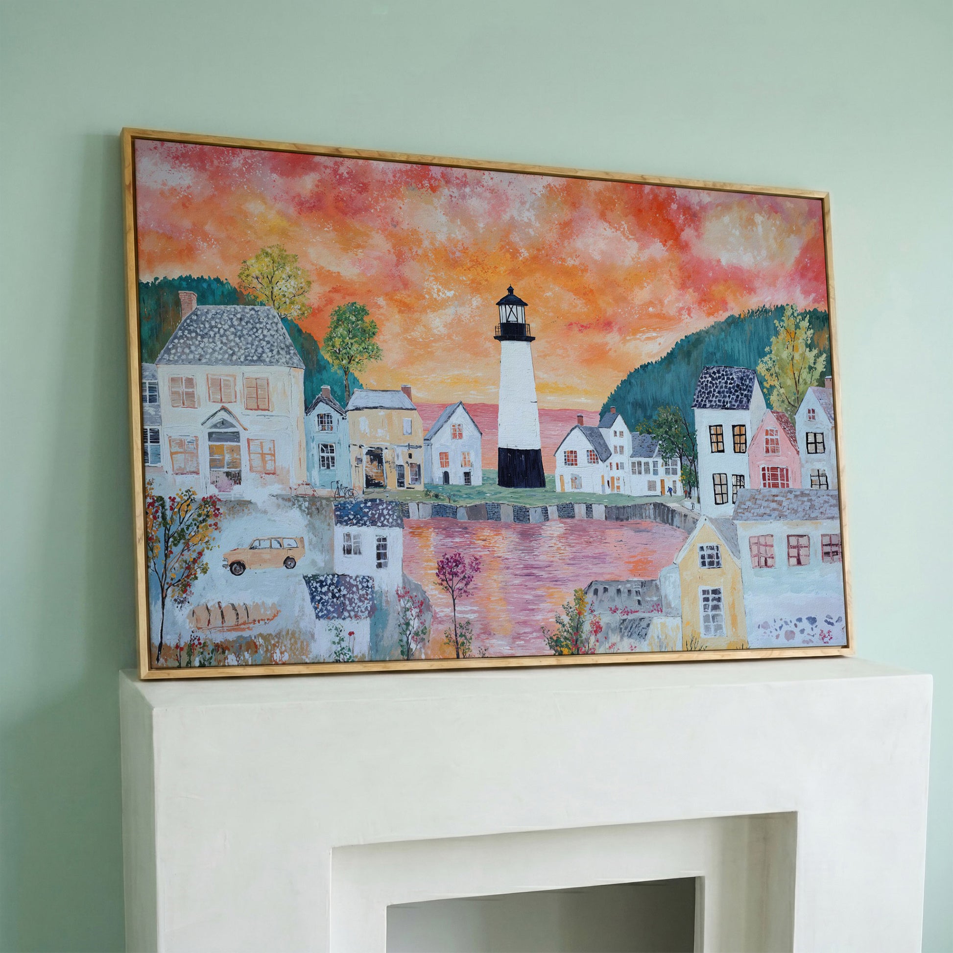 Lighthouse Village at Sunset Canvas Wall Art in white oak floating frame